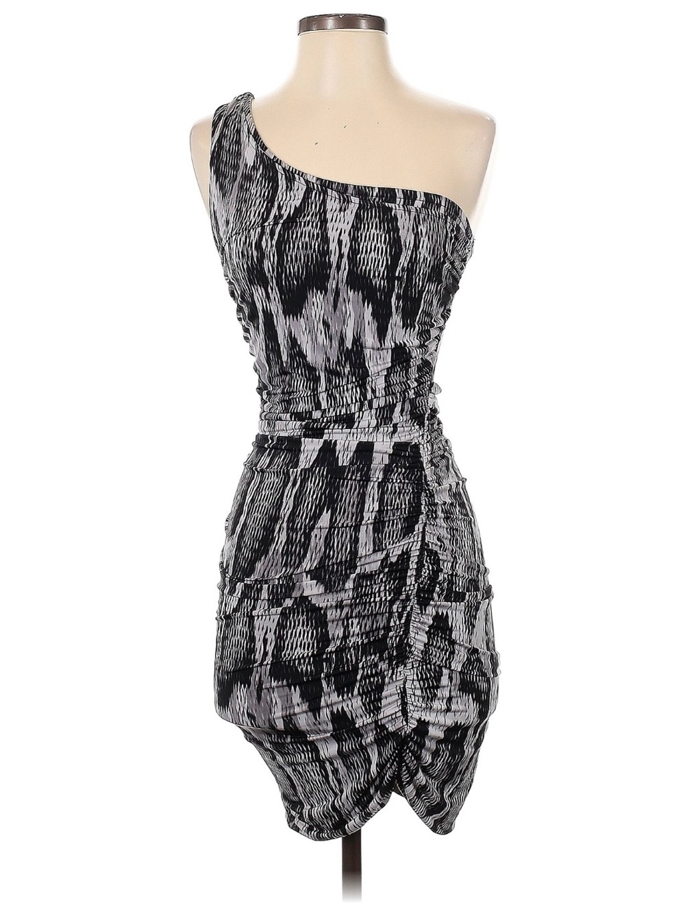 Guess One-Shoulder Black and Gray Printed Ruched Dress